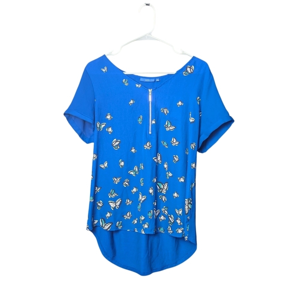 Apt 9 Bright Blue Butterfly Print Women's Large Top Zipper Front Short Sleeve